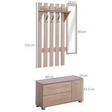 HOMCOM Set Arredo Guardaroba 3 in 1 con Specchio e Scarpiera da Ingresso Pannello Truciolare 90 x 21.5 x 116cm Quercia - Beige - Visualizzare 2
