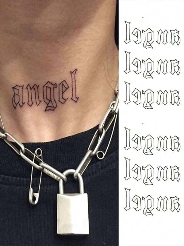2 fogli/set di adesivi tatuaggi temporanei impermeabili con il motivo della parola inglese "Angelo" a forma di cuore