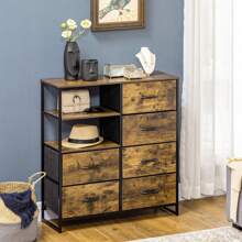 HOMCOM Meuble de rangement, commode, buffet de rangement style industriel 6 tiroirs pliables 2 étagères acier et bois - 84 x 30 x 92 cm - Marron - Voir 1