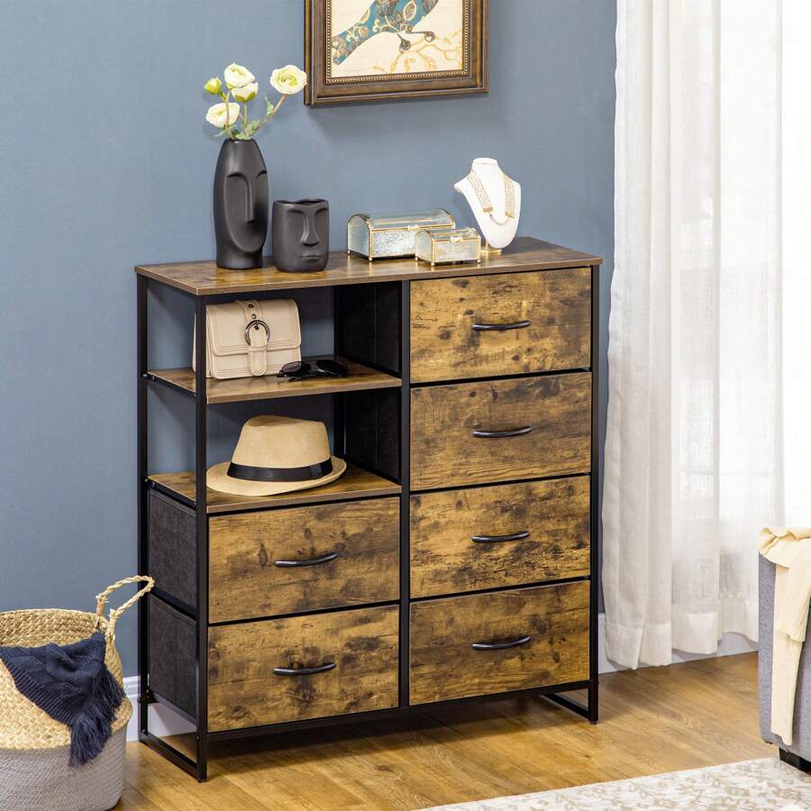 HOMCOM Meuble de rangement, commode, buffet de rangement style industriel 6 tiroirs pliables 2 étagères acier et bois - 84 x 30 x 92 cm - Marron - Voir 1