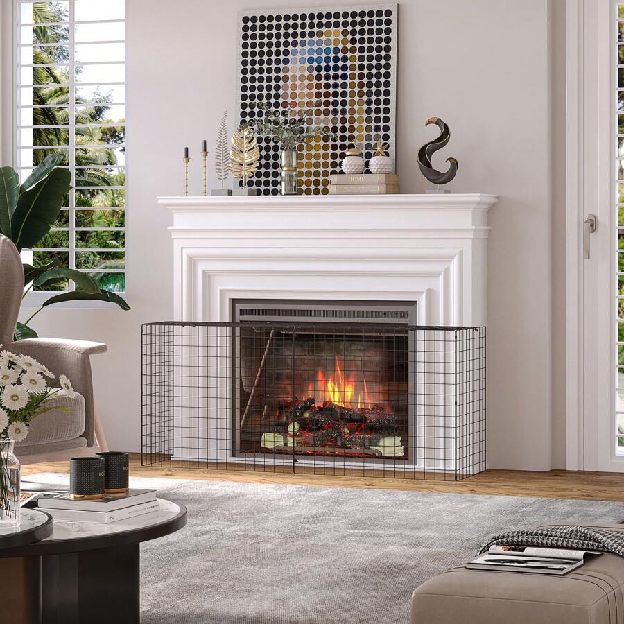 HOMCOM Extendable Fire Guard Screen, Freestanding Fire Screen Spark Guard, Folding Fireplace Cover, Wire Mesh, 81.5-160cm, Black - Black - View 1