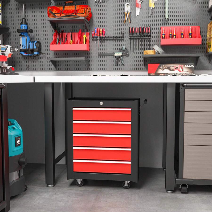 HOMCOM Steel 5-Drawer Tool Storage Cabinet Lockable With Wheels Handle 2 Keys Garage Equipment Trolley Home Work DIY Workshop Chest