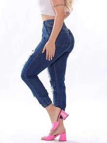 Women Jeans - 深色水洗藍 - 查看 2