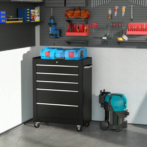  HOMCOM Servante d'atelier en acier, chariot à outils sur roulettes, 5 tiroirs, verrouillable 2 clés, caisse à outils pour atelier, tapis antidérapant, construction robuste, noir