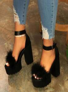 SHEIN SANDALIAS CON PELUCHE DE TACON ALTO MODA - Negro - Ver 3