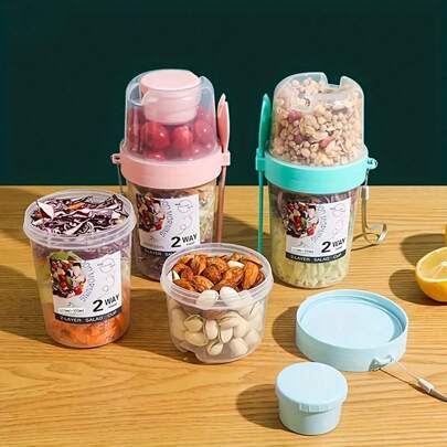1pc Breakfast Salad Cup Breakfast Food Container Jar, Portable Fruit And Vegetable Light Food With Fork Cover Yogurt Cup Slimming Cup Portable Water Cup For School Office ,Kitchen,Christmas Gift,School Supplies