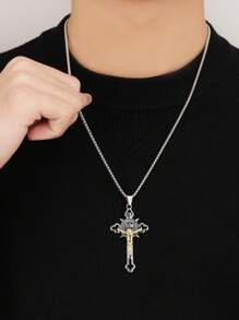 1pc 2025 New European & American Titanium Steel Cross Pendant Necklace, Vintage Personality Unisex Religious Gift, Wholesale Niche Hiphop Stainless Steel Long Sweater Chain, Casual Wear For Men & Women