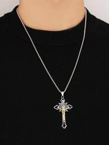 1pc 2025 New European & American Titanium Steel Cross Pendant Necklace, Vintage Personality Unisex Religious Gift, Wholesale Niche Hiphop Stainless Steel Long Sweater Chain, Casual Wear For Men & Women