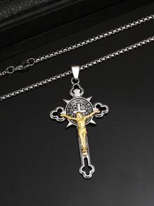 1pc 2025 New European & American Titanium Steel Cross Pendant Necklace, Vintage Personality Unisex Religious Gift, Wholesale Niche Hiphop Stainless Steel Long Sweater Chain, Casual Wear For Men & Women