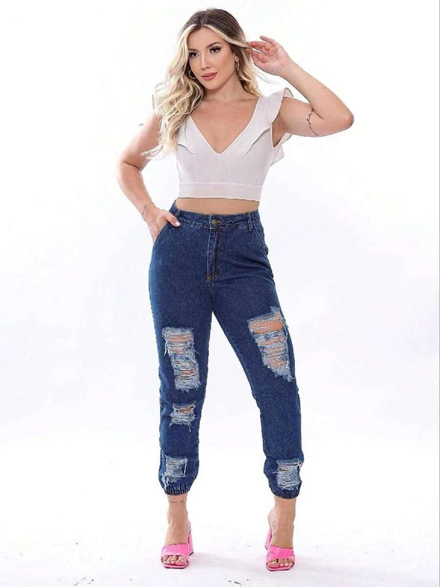 Women Jeans - 深色水洗藍 - 查看 1