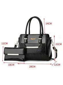 Set Of Two Crocodile Pattern Handbags For Women,Fashion Solid Color Tote Bag,Random Patterns - Black - View 2