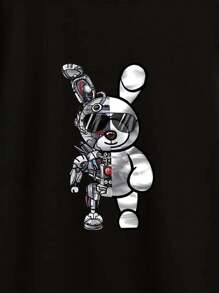 Playeras para hombres, playera estampada de conejo robot, playera casual de manga corta con cuello redondo para verano - Negro - Ver 3