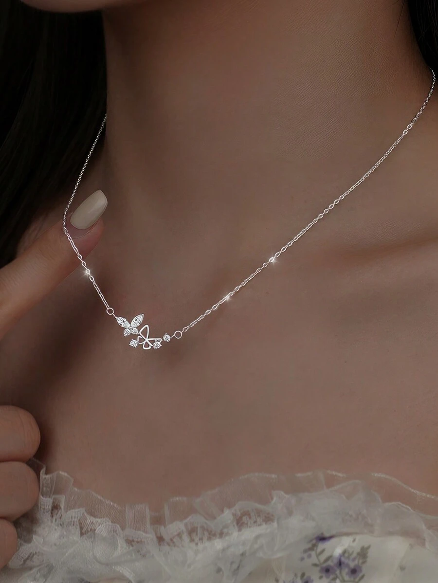 ELSEDES 1pc Stylish And S925 Sterling Silver Handmade Butterfly Shaped Pendant Necklace With Shiny Gemstone, Perfect For Women's Everyday Wear, Party Dressing And Anniversary Dressing Wedding Engagement Bridal Jewelry - Silver - View 1