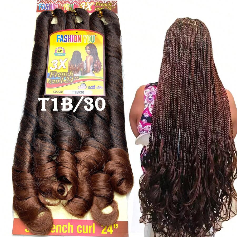 FASHION YOU Jumbo Liso Ondulado Cabelo Boho French Curl Fibra Sintética Premium 400g Para Tranças Crochet Braids - Marrom - Visão 1