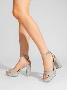 Women Chunky High Heel Sandals Fashion Open Toe Platform Heeled Sandals For Prom Dancing Wedding Holiday - 銀色亮片 - 查看 3