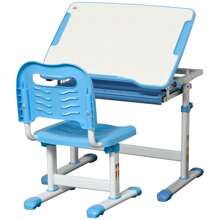 HOMCOM Kids Desk And Chair Set, Height Adjustable Student Writing Desk, Children School Study Table With Tiltable Desktop, Drawer, Pen Slot, Hook - 藍色 - 查看 2