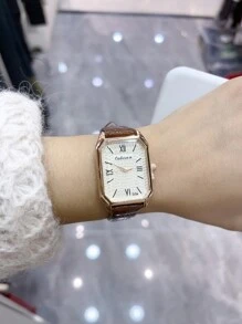 矩形羅馬數字撥號石英手表,時尚精緻的男女手錶,適合日常佩戴,1枚 - 棕色 - 查看 1