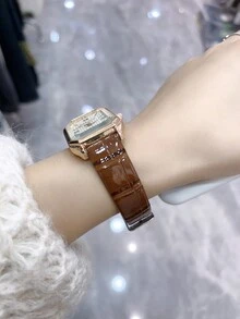 矩形羅馬數字撥號石英手表,時尚精緻的男女手錶,適合日常佩戴,1枚 - 棕色 - 查看 2