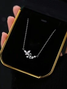 ELSEDES 1pc Stylish And S925 Sterling Silver Handmade Butterfly Shaped Pendant Necklace With Shiny Gemstone, Perfect For Women's Everyday Wear, Party Dressing And Anniversary Dressing Wedding Engagement Bridal Jewelry - Silver - View 3