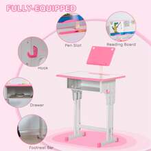 HOMCOM Kids Desk And Chair Set Adjustable Height Study Table Set W/ Drawer, Book Stand, Pen Slot - Rosa - Ver 2
