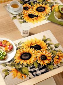 4 Stücke Retro Bauernhaus Stil SonnenBlumen Muster Tischset, Hitzebeständiges Essensmatte, Küchentischdecke, Waschbarer Kaffeematte, Geeignet Für Ferienhaus, Hotel, Restaurant, Küchendekoration Zu Hause, Weihnachtsfeier