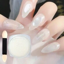 1box White Iridescent Shimmer Powder (1.2g) With 1pc Dual-Ended Applicator Brush For Diy Nail Art