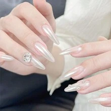 1box White Iridescent Shimmer Powder (1.2g) With 1pc Dual-Ended Applicator Brush For Diy Nail Art