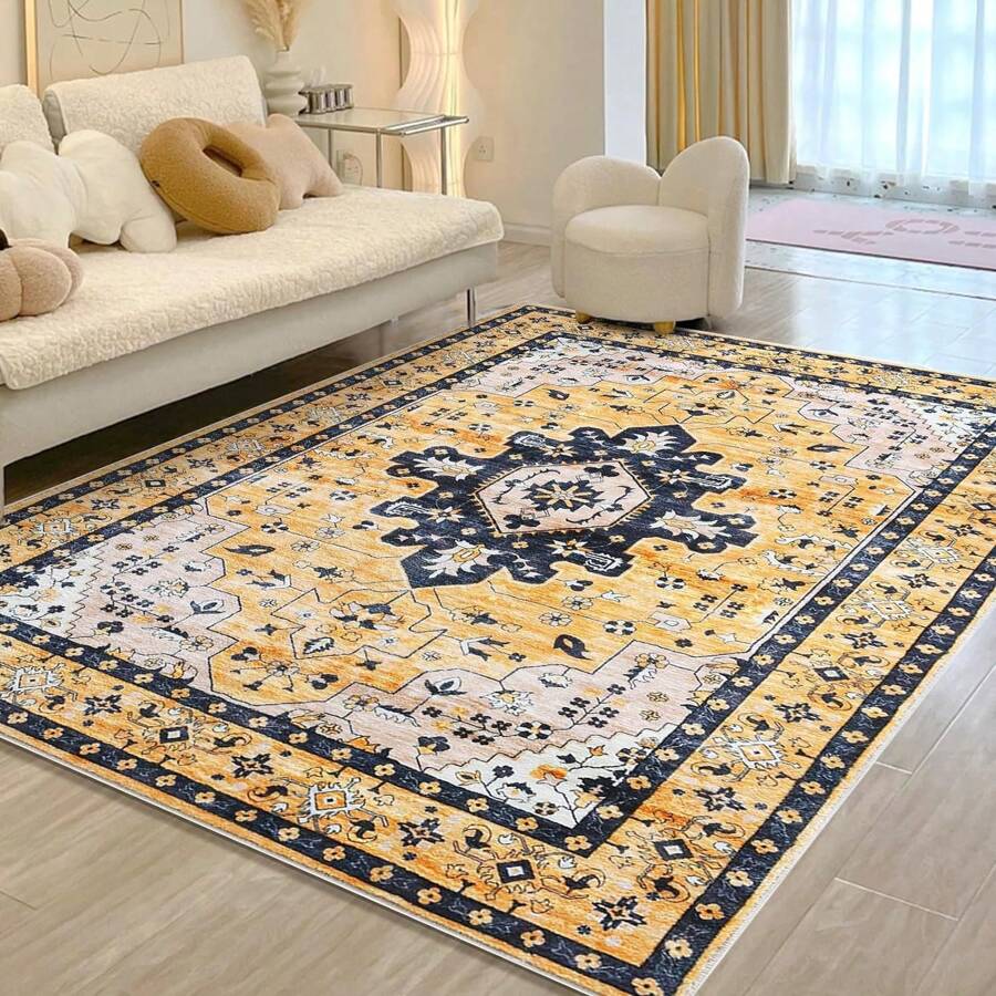 Area Rugs For Living Room, Washable Area Rug For Bedroom, Low-Pile Area Rugs Carpet With Non Slip Rubber Backing, Soft Boho Area Rug, Non-Shedding, Large & Big - Màu vàng - Xem 1