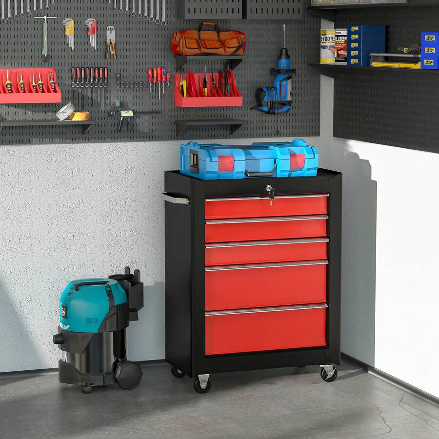 HOMCOM 5-Drawer Lockable Steel Tool Storage Cabinet With Wheels Handle 2 Keys Organisation Box Unit Chest Garage DIY Workshop Trolley