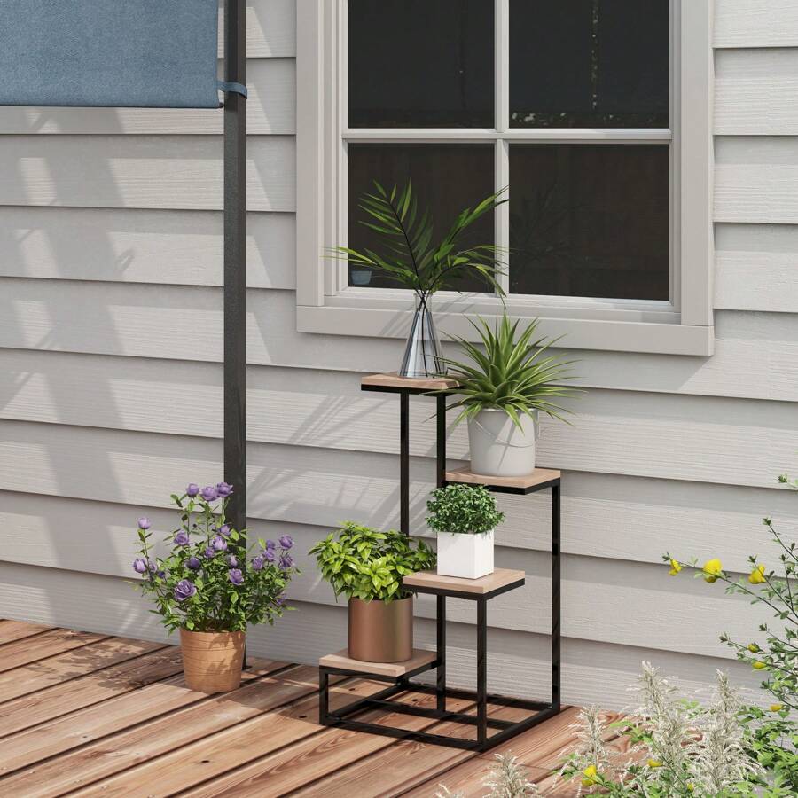 Outsunny Portapiante a 4 Livelli per Interni ed Esterni, Scaffale Porta Fiori e Vasi in Acciaio e Legno, 40x40x75.5 cm, Marrone e Nero - nero - Visualizzare 1