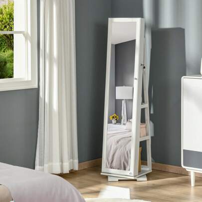 HOMCOM 360° Swivel Jewellery Cabinet, Mirror Armoire, Full Length Mirror, Lockable Jewellery Organizer With Built-In Small Mirror, White