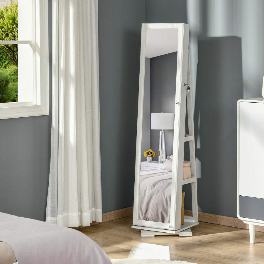 HOMCOM 360° Swivel Jewellery Cabinet, Mirror Armoire, Full Length Mirror, Lockable Jewellery Organizer With Built-In Small Mirror, White - White - View 1