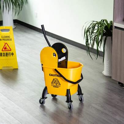 HOMCOM 26L Mop Bucket & Water Wringer W/ 4 Wheels Plastic Body Metal Handle Pole Holder Home Commercial Cleaning Floor Cart Yellow