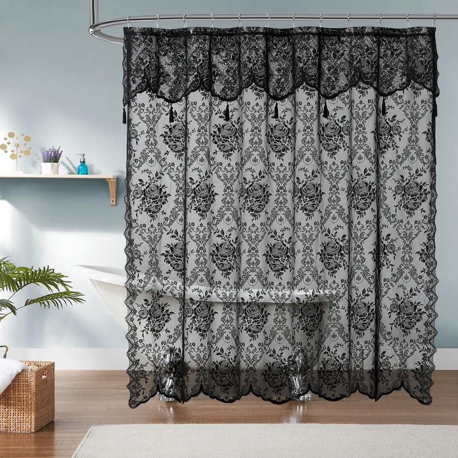 WARM HOME DESIGNS Black Lace Shower Curtain With Attached Valance And Tassels. Luxury Vintage Shower Curtain In 5 Sizes And 6 Colors. - màu đen - Xem 1