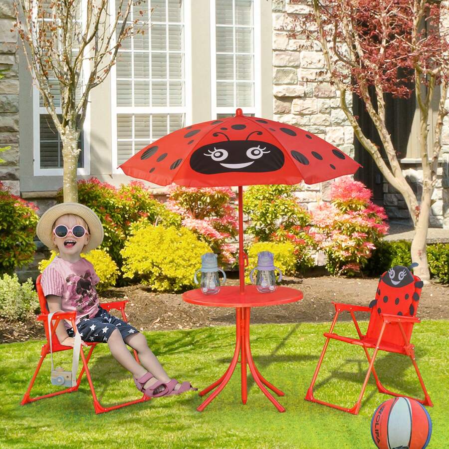 Outsunny Kids Outdoor Bistro Table And Chair Set Ladybird Pattern Garden Patio Backyard With Removable & Height Adjustable Parasol - Red - View 1