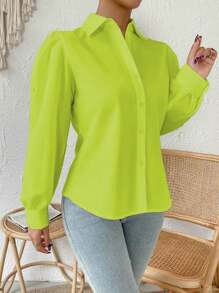 Formal Shirt, Long Sleeve, Princess Sleeve, Polo Collar, Delicate, Sophisticated, Elegant, Fur Blouse, Long Sleeve - 青檸色 - 查看 1