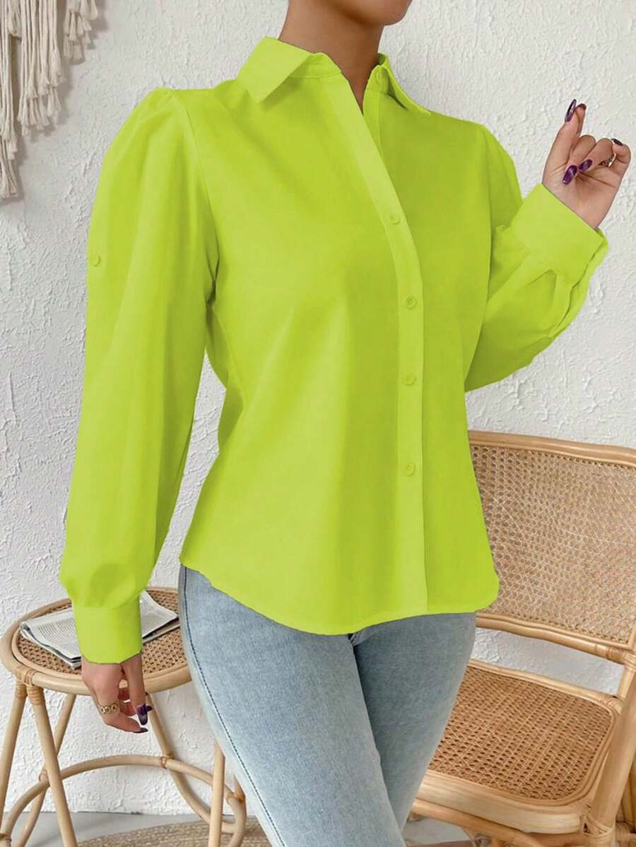 Formal Shirt, Long Sleeve, Princess Sleeve, Polo Collar, Delicate, Sophisticated, Elegant, Fur Blouse, Long Sleeve - 青檸色 - 查看 1