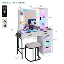 HNEBC RGB Vanity Desk, Makeup Vanity With Dazzling Lights And Mirror, Glass Top Makeup Desk With USB/Type-C/Wireless Charging, Dressing Table Set With Stool/6 Drawers, Vanity Gifts For Girls/Women - 白色 - 查看 2