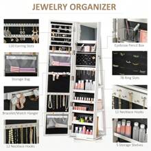 HOMCOM 360° Swivel Jewellery Cabinet, Mirror Armoire, Full Length Mirror, Lockable Jewellery Organizer With Built-In Small Mirror, White - White - View 4