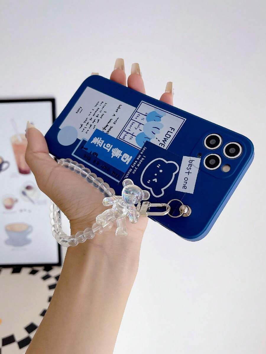 1入組霧面藍色TPU熊貓圖案防摔手機殼和1入組透明熊形手機手柄/底座，適用於iPhone