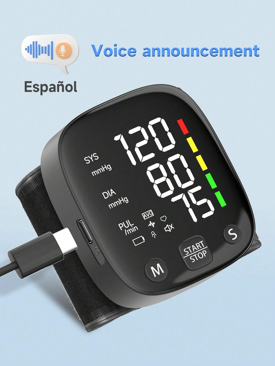 Medical Wrist Blood Pressure Monitor, Spanish Voice Broadcasting, 1pc