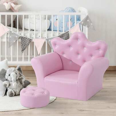 HOMCOM Children Kids Sofa Set Armchair Chair Seat With Free Footstool PU Leather Pink