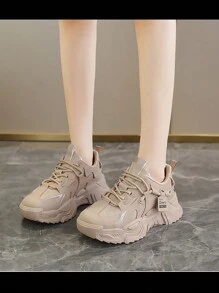 1 Par De Zapatos Elegantes Beige Gruesos Y Con Suela Gruesa Y Diseño De Costura De Coche Para Ropa Deportiva Casual Femenina