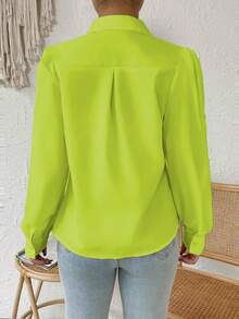 Formal Shirt, Long Sleeve, Princess Sleeve, Polo Collar, Delicate, Sophisticated, Elegant, Fur Blouse, Long Sleeve - 青檸色 - 查看 4