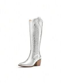 Knee High Boots Women, Pull On Zipper Chunky Heel Pointed Toe Embroidered Western Cowgirl Cowboy Boots Christmas Fall - 銀色 - 查看 10