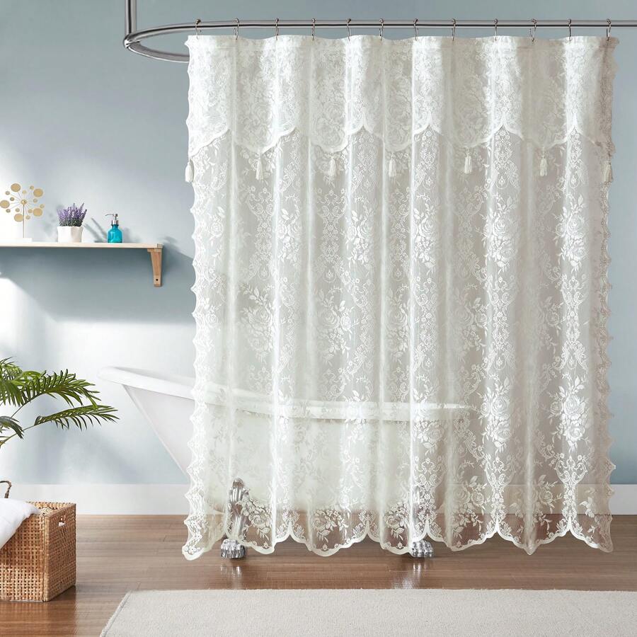 WARM HOME DESIGNS Ivory Lace Shower Curtain With Attached Valance And Tassels. Luxury Vintage Shower Curtain In 5 Sizes And 6 Colors. - Ivory - 查看 1