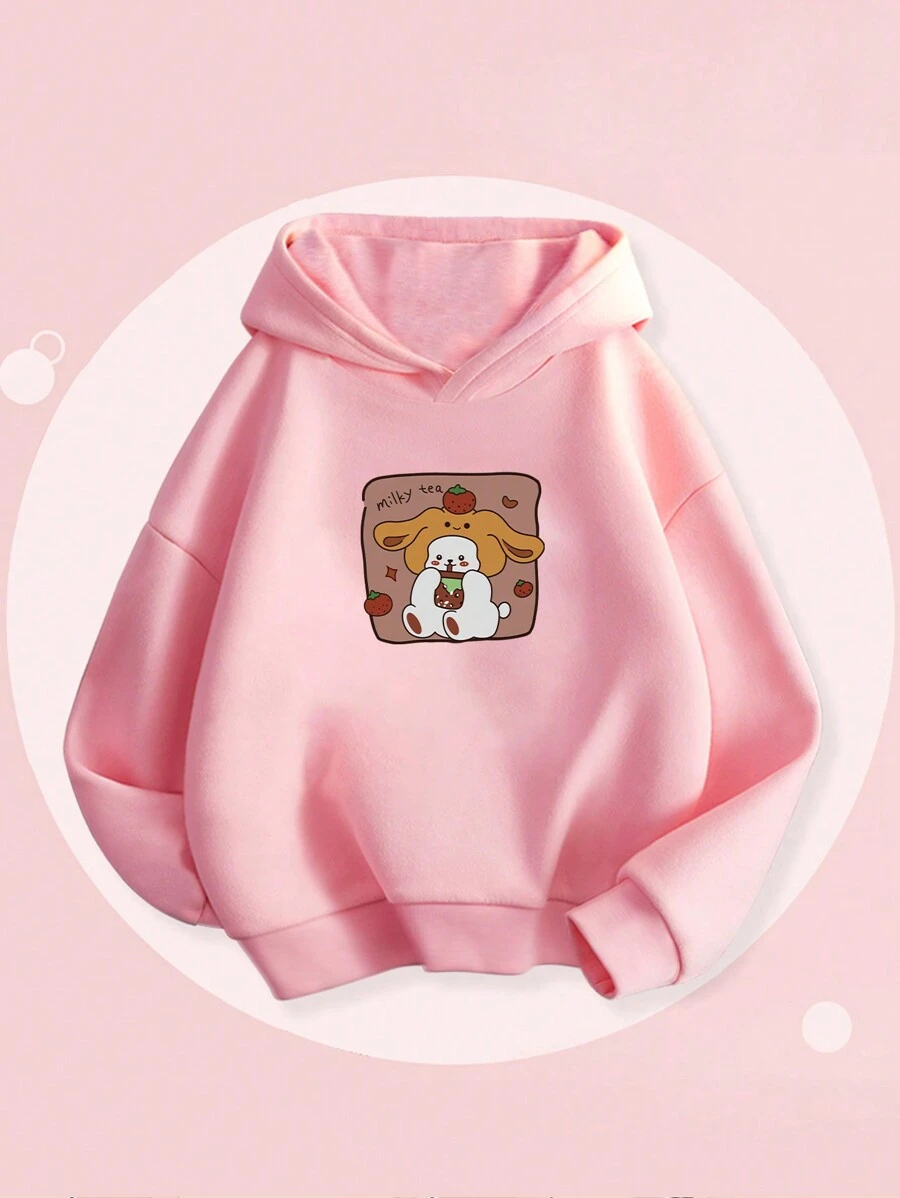 少女卡通图案印花卫衣，加厚带帽设计，适合年轻学生，秋冬季穿着 - 粉色 - 查看 1