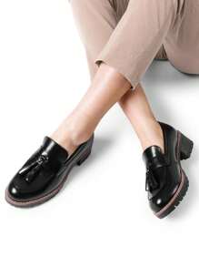 Women Loafers Slip On Platform Chunky Heel Dress Work Business Casual School Preppy Loafers Autumn Shoes - 黑色/PU - 查看 4