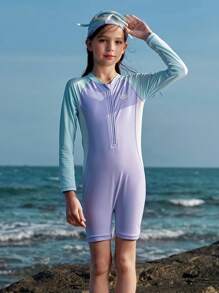 Balabala Tween Girl Summer High Elastic Comfortable Sun Protection One-Piece Swimsuit With Swimming Cap 2 Piece Set