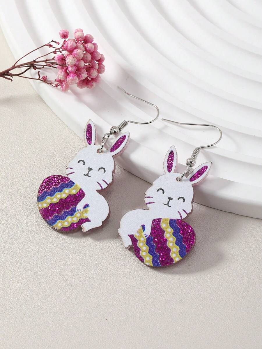 2pcs Easter Egg & Bunny Earrings, Cute Pink Acrylic Earring Studs